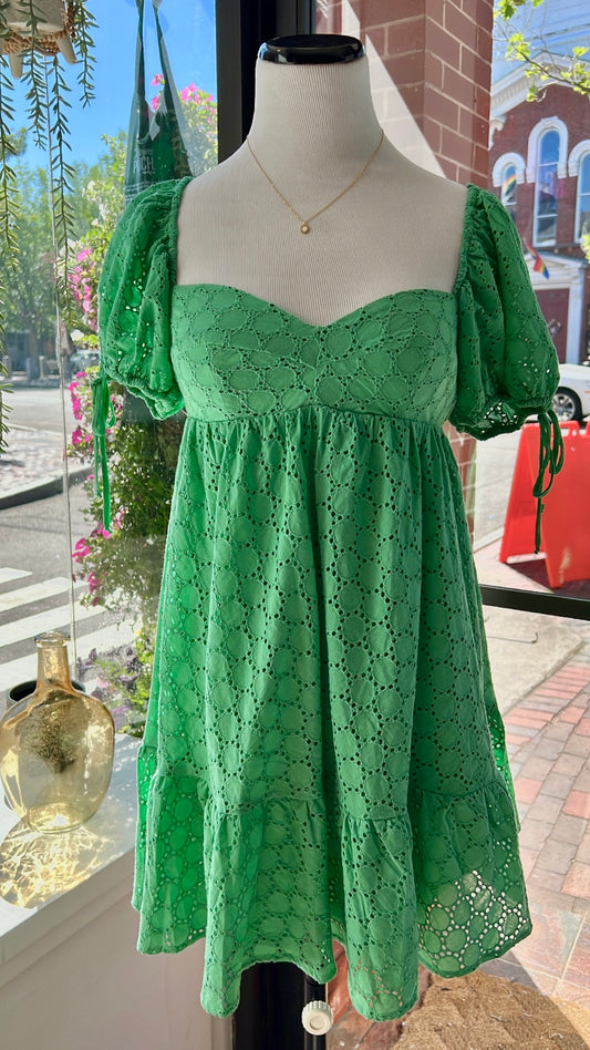 Florence Eyelet Babydoll Dress in Green
